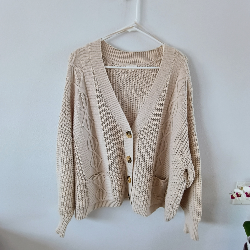 ANA A New Approach Chunky Knit Cardigan Beige Cable Button Front Cozy Oversize